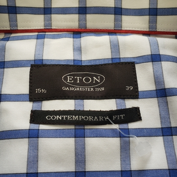 Eton Contemporary Dress Shirt White Blue Windowpane Plaid Button Up 15.5 39 - Picture 4 of 10